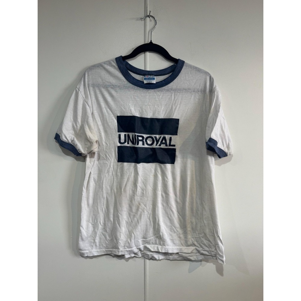 Vintage Uniroyal Shirt Mens Large White Hanes Ringer Graphic Tee T-Shirt 80s